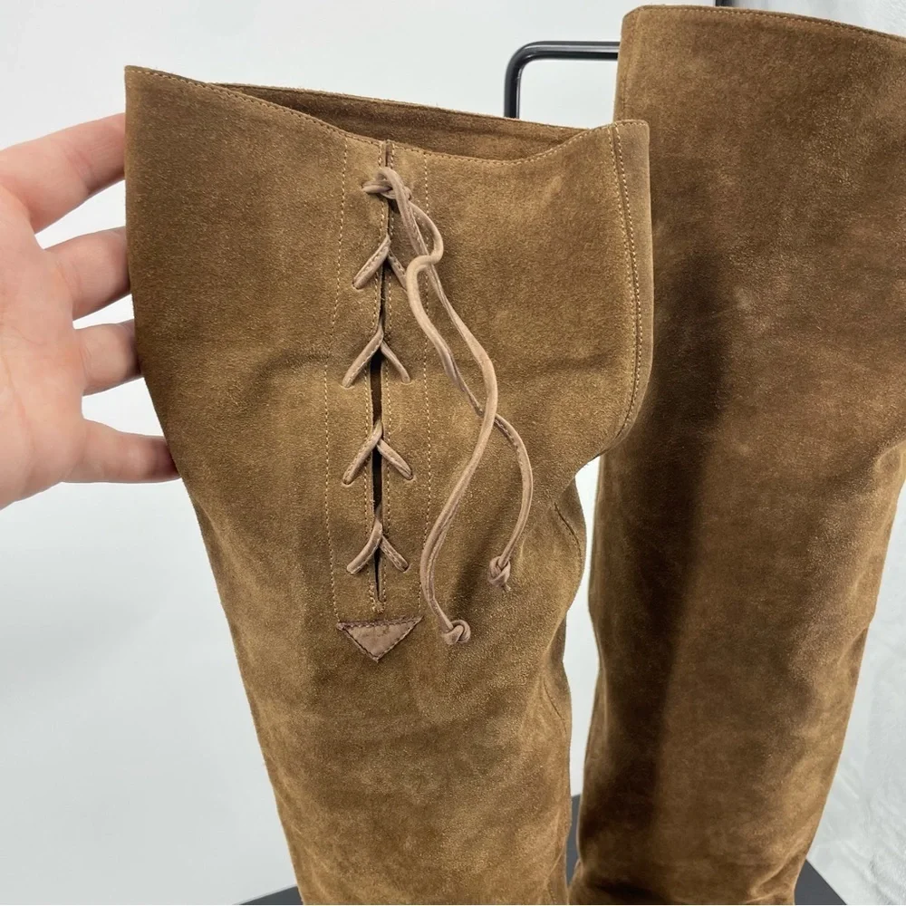 Tila March Paris brown Suede tall heeled boots lace up‎ detail 37 US 6.5